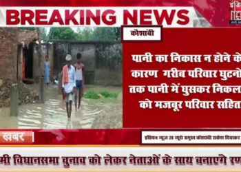 पानी का निकास न होने के कारण गरीब परिवार घुटनों तक पानी में घुसकर निकलने को मजबूर